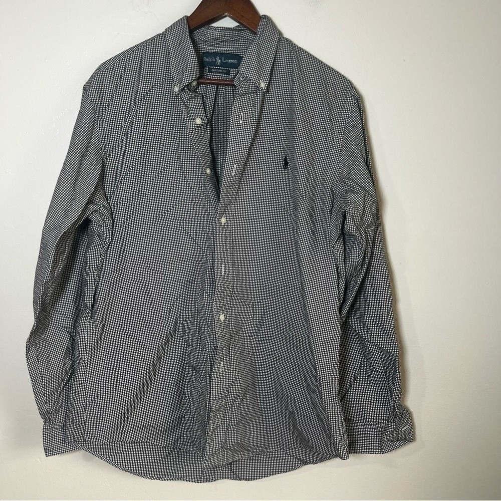 Ralph Lauren Custom Fit Gingham‎ Button Down Shirt Men Size L Black White